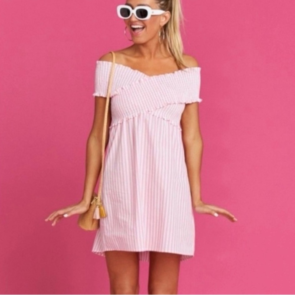 Show Me Your Mumu x Barbie Mandy Smocked Mini Dress pink white Skipper Stripe XL